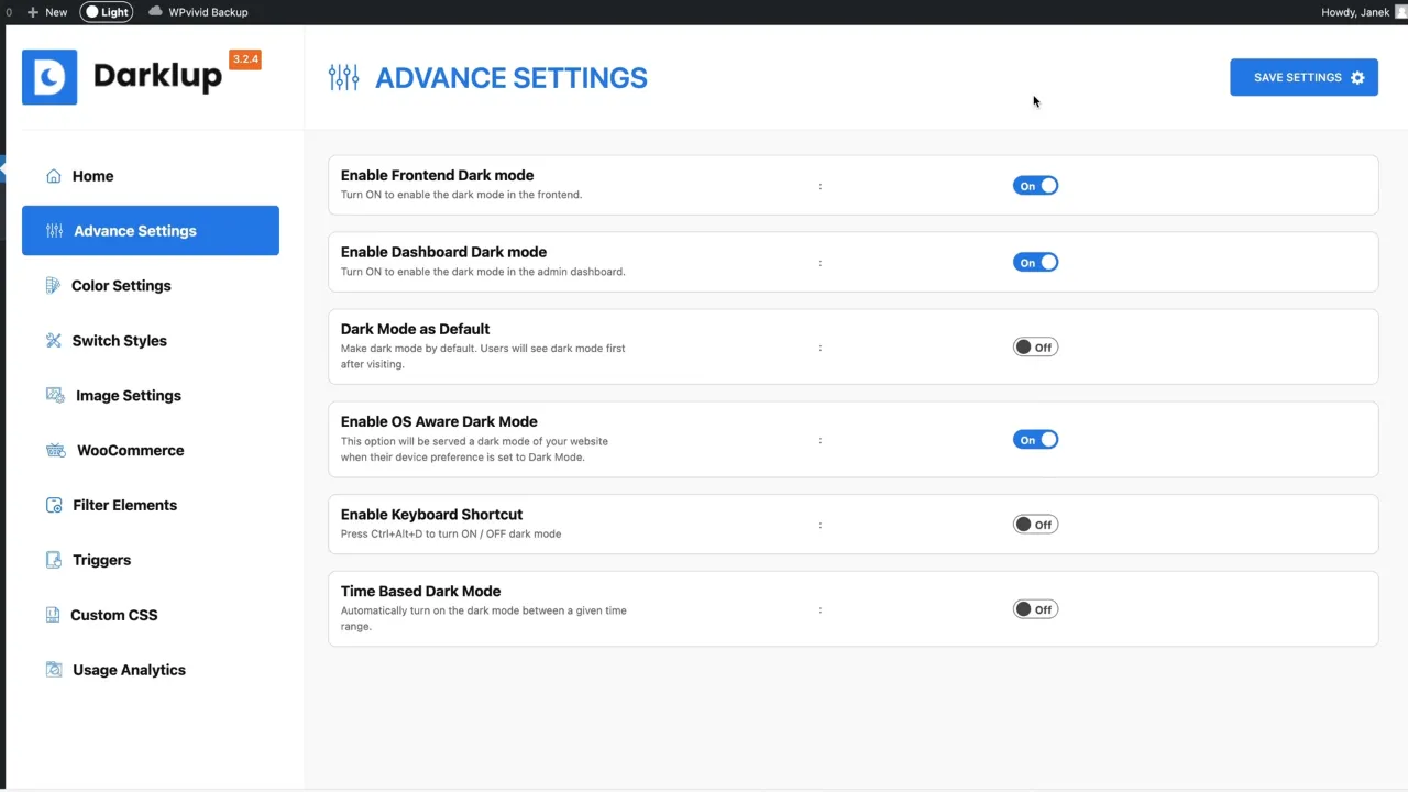 Activate Dark Mode for the front end and/or the WordPress dashboard as desired under Advance Settings