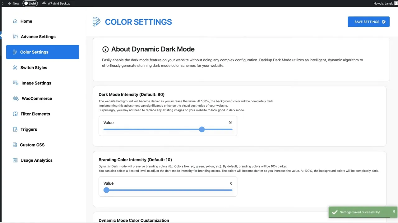 Adjust the dark mode intensity, operating system preference adherence, and time-based settings