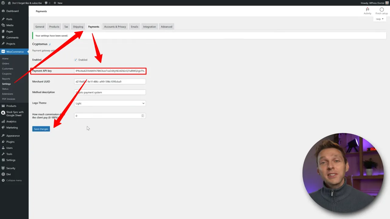 Enter the payment API key via WooCommerce > Settings > Payments > Cryptomus > Manage and save changes