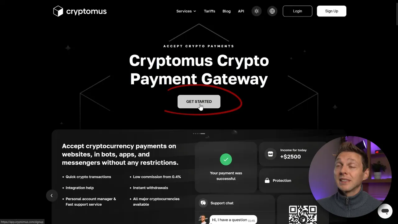 Navigate to Cryptomus and sign up by pressing "Get started"