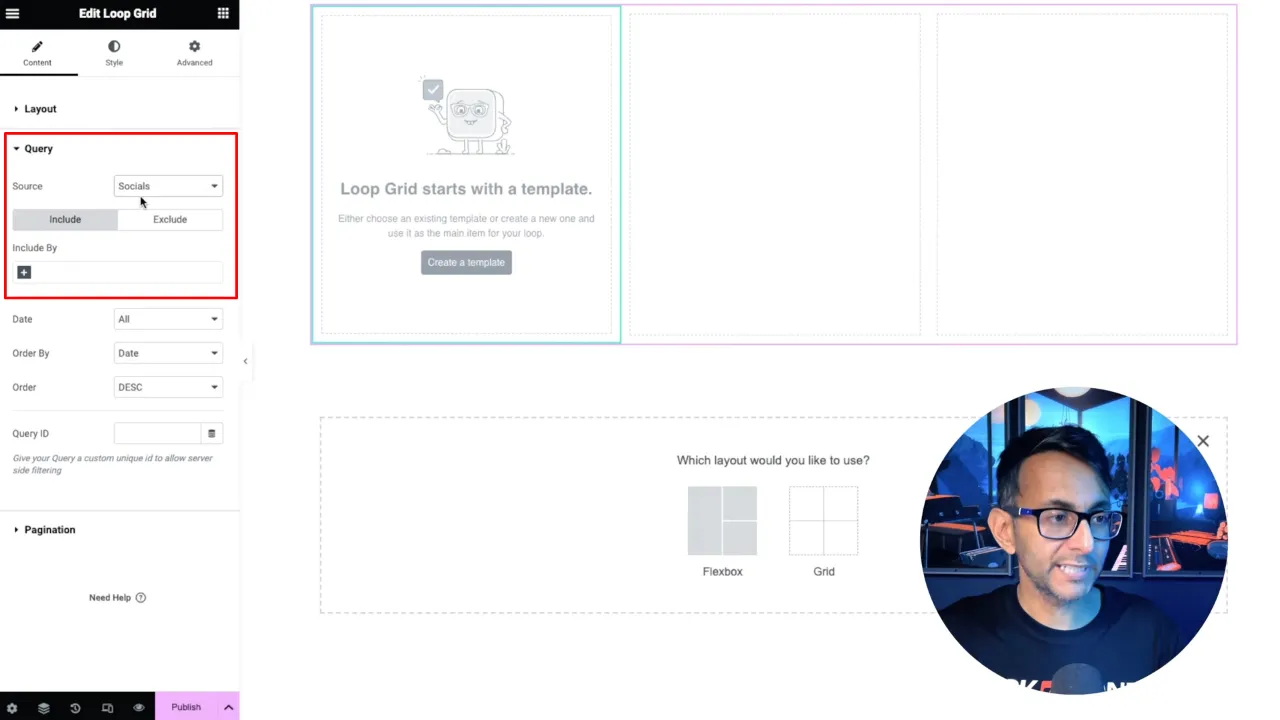 Set the Loop Grid Query to your custom post type, 'socials'