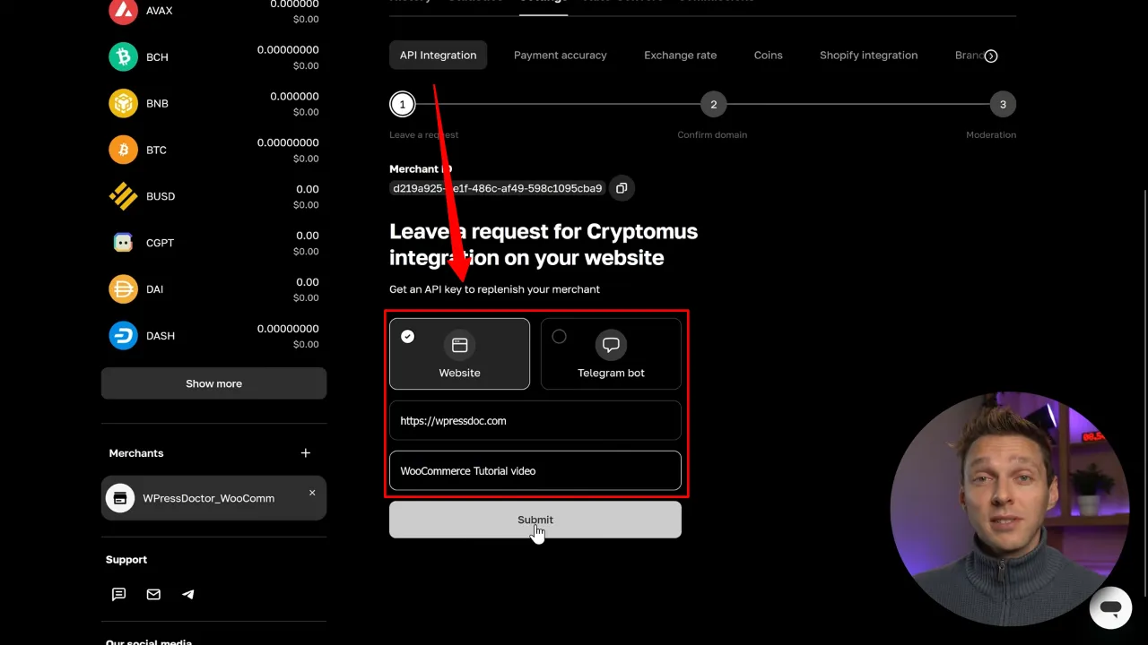 Submit a request for integration, ensuring your website complies with Cryptomus' standards
